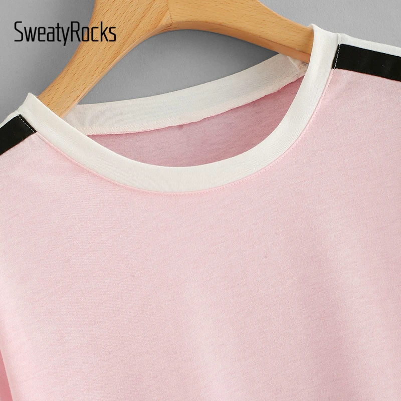 SweatyRocks, полосатая футболка с рукавом, уличная одежда, короткий рукав, модная кавайная футболка, лето, повседневные женские базовые розовые Топы