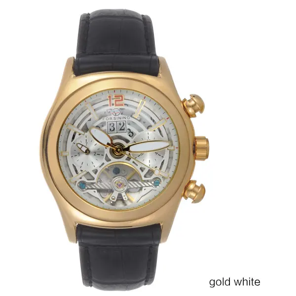 GoldWhite Forsining выпуклая стеклянная стильная Tourbillion 3D дизайнерская Натуральная кожа ремешок мужские часы лучший бренд класса люкс автоматические часы - Цвет: GoldWhite