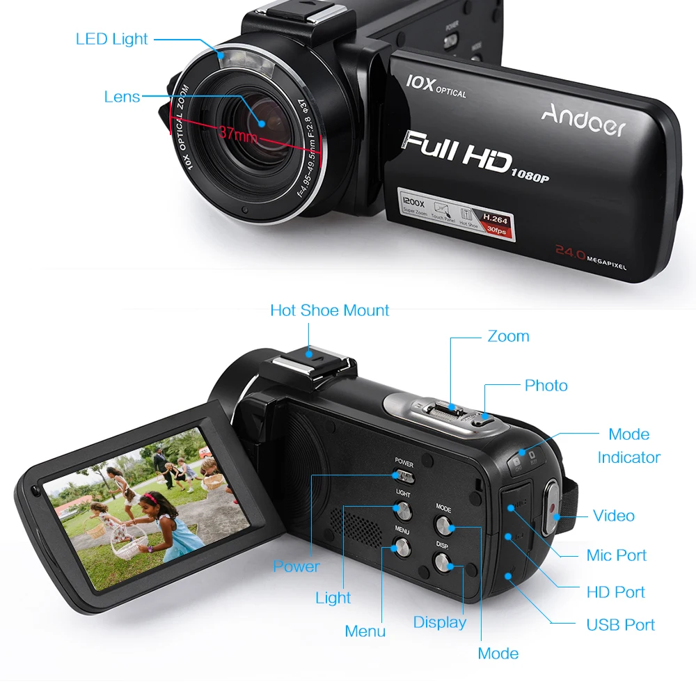 Цифровая видеокамера Andoer 1080P Full HD 24MP 10X оптический зум с 3 дюймовым ЖК экраном и