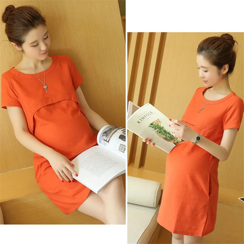 

Summer Linen Loose Maternity Dress with Pocket Lactation Dress Breathable Solid Color Short Sleeve Lactation Clothes