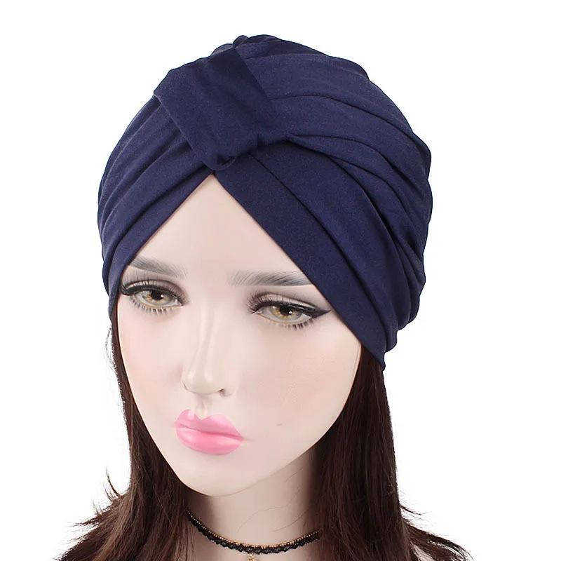 Navy Blue Модные Женские однотонные стрейч тюрбан из хлопка шляпа шарф Рак шапочка при химиотерапии шапка крест ободки хиджаб головной убор аксессуары для волос - Цвет: Navy Blue