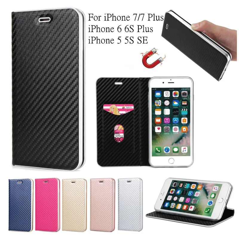 Флип Чехол углерода Волокно крышка для iPhone 7 8 плюс мода 5S Подставка Магнитная