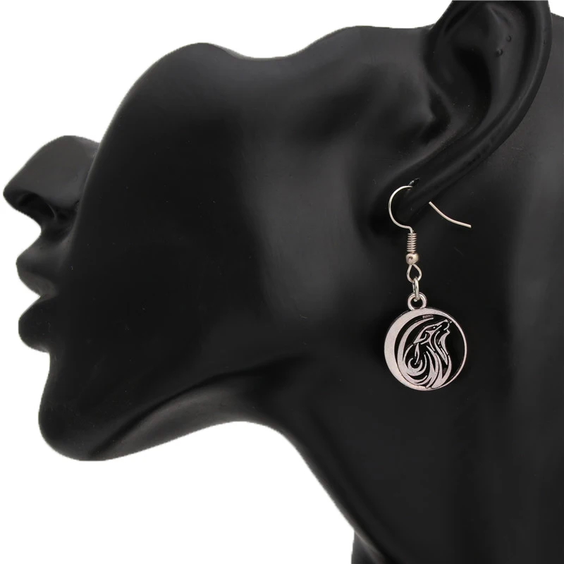1 пара (2 шт) серебряный цвет круглый кулон с волком животное висячие серьги ручной