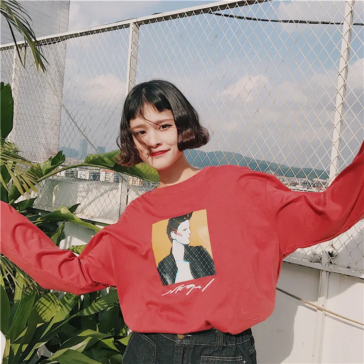 YouGeMan Poleras Mujer весна осень одежда Корейский Ulzzang Harajuku персонаж печати с длинным