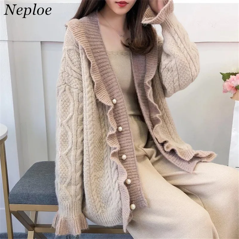 Neploe Ruched контраст Цвет вязаный женский Кардиган нежный элегантные свободные для