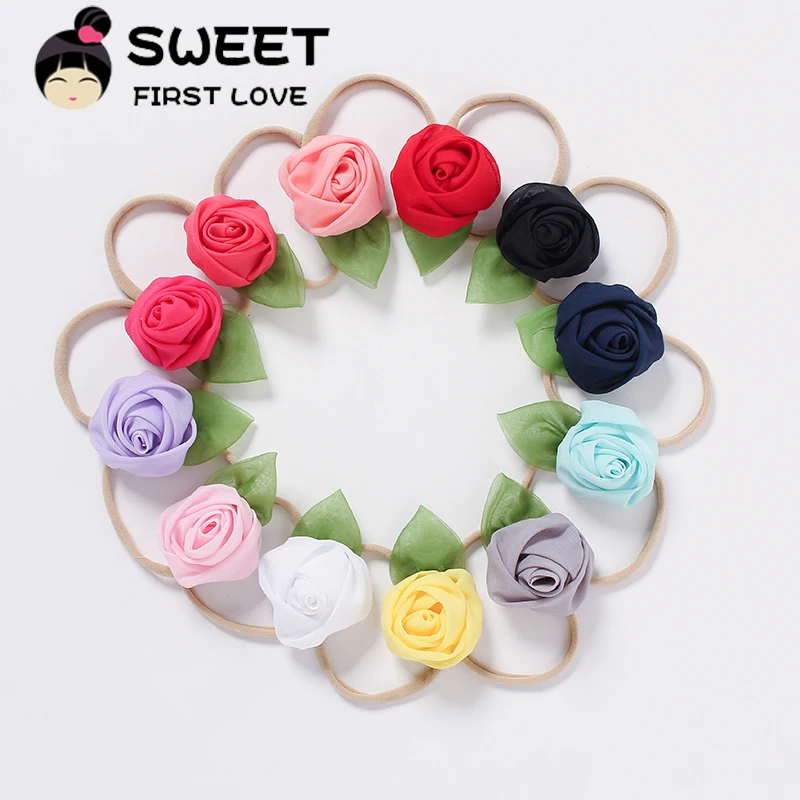 

12Pcs/lot Handmade Rose Flower Headbands For Girls Nylon Headband Boutique Lace Flowers Hairbands Soft Elastic Hair Accessories