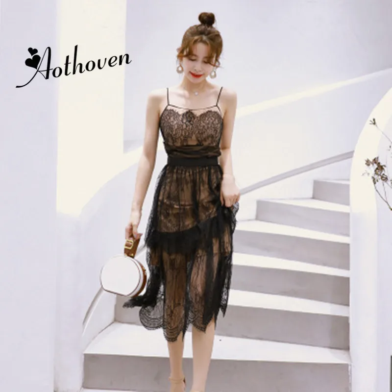 

2021 Summer A-Line Lace Dress Women Black Sleeveless Spaghetti Strap Strapless Midi Dress Vintage Sexy Party Dresses Vestidos