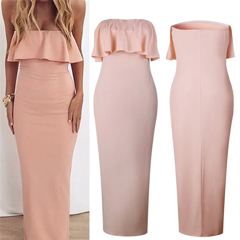 Женское платье с открытыми плечами длинное вечернее без бретелек гофрированным