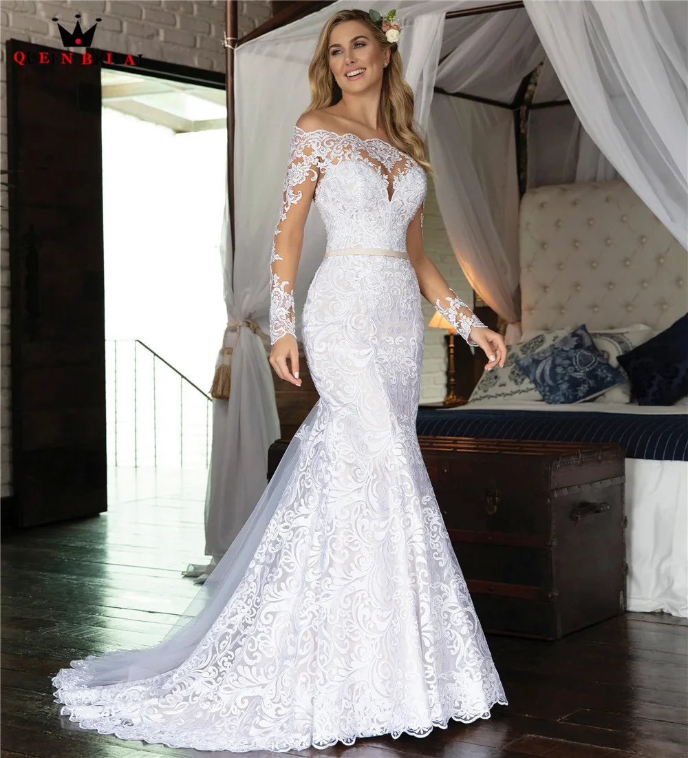 

Custom Made Mermaid Long Sleeve Tulle Lace Beading Luxury Sexy Formal Bridal Wedding Dresses Vestido de Noiva 2021 WH48
