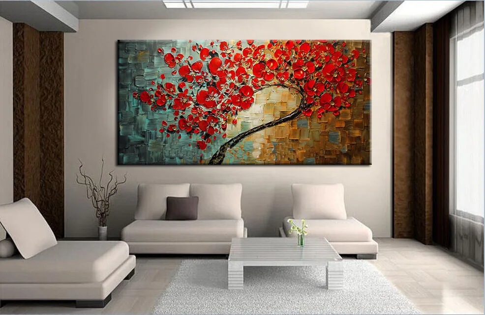 

Free shipping Abstract Red Flower Tree Knife Oil Painting On Canvas Beautiful Picture Wall Art Home Decor Nice Gift