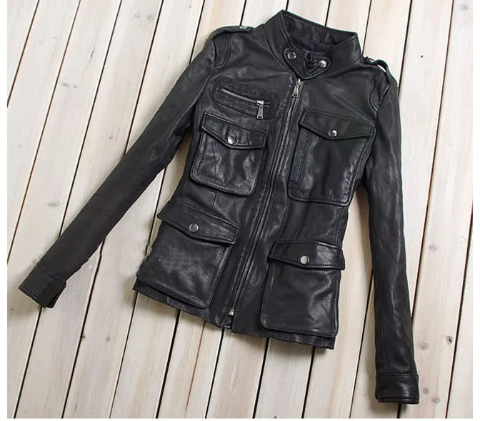 Женская модная кожаная куртка M65 с карманами черное пальто из натуральной