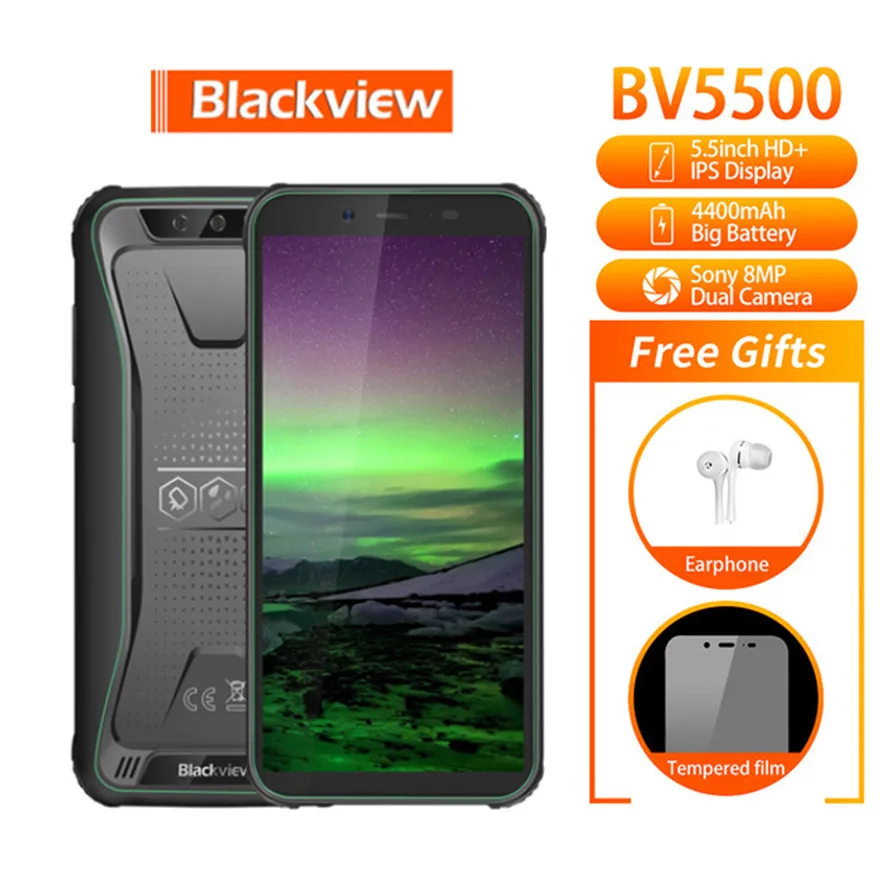 

Смартфон Blackview BV5500, 2 + 16 ГБ, экран 4400 дюйма, IP68, водонепроницаемый, ударопрочный, Face ID, 5,5 мАч, IPS 18:9, MT6580