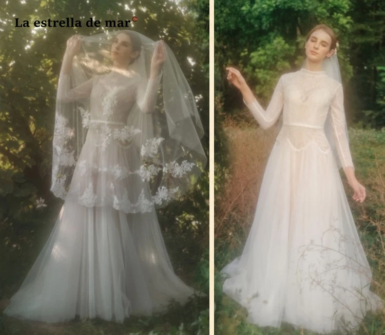 Vestidos de novia, новинка, кружевное ТРАПЕЦИЕВИДНОЕ пляжное богемное свадебное платье с высоким воротом и длинным рукавом цвета шампанского, длинное платье de mariee abito da sposa