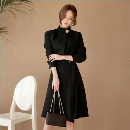 OL элегантное ТРАПЕЦИЕВИДНОЕ сексуальное платье для работы с воротником стойкой