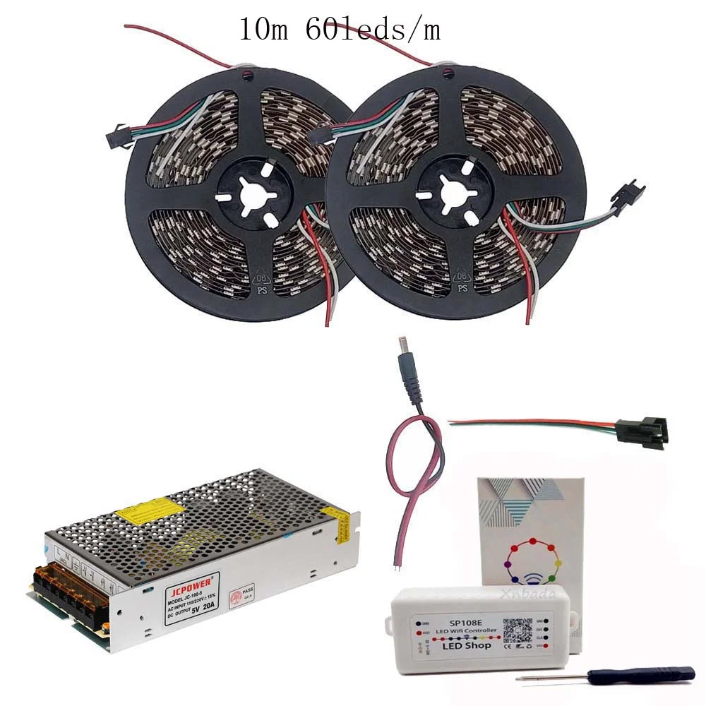 Белый 5 м 10 м 15 м 20 м WS2812B WS2812 30 светодиодов/м 60 светодиодов/м RGB Светодиодная лента, SP108E wifi RGB Led контроллер DC5V комплект адаптера питания - Испускаемый цвет: Белый
