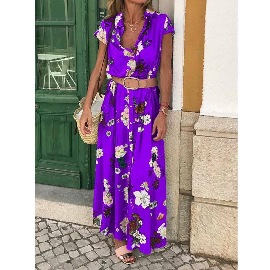 Женское платье с цветочным принтом Boho длинное отворотом и коротким рукавом на