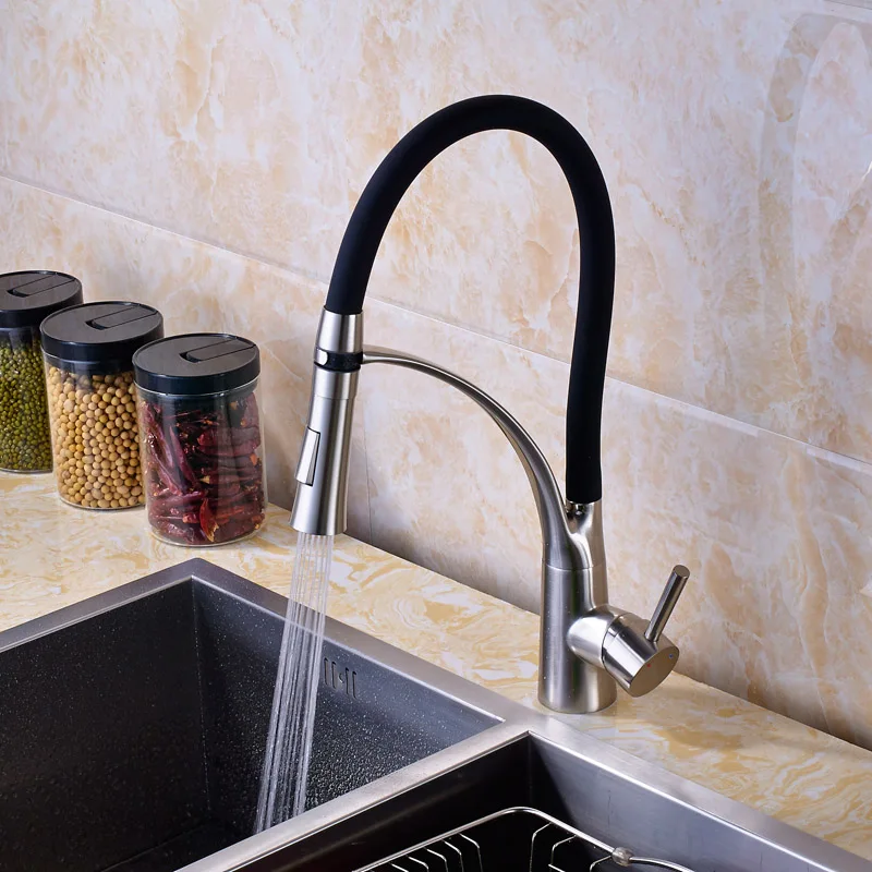 

Deck Mount Black Hose Kitchen Mixer Taps Single Handle Stream Sprayer Kitchen Faucet Chrome Finish with Bracket