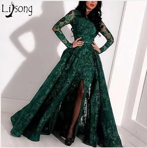 Long Sleeve Mermaid Prom Dresses With Detachable Skirt Full Lace Applique Front Split Evening Gowns Sequined Formal Dress - Цвет: Зеленый