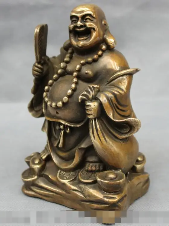 

Free shipping S03229 Chinese Bronze Wealth YuanBao Coin Bag Fan Happy Laughing Maitreya Buddha Statue