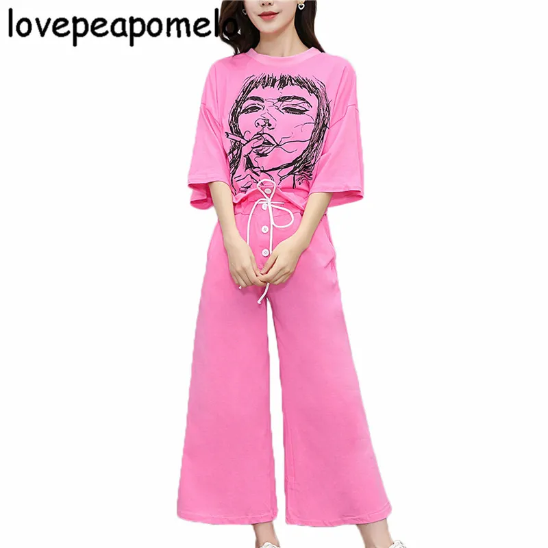 

Spring And Summer Costumas Women's Suit Large Size Casual Print Flare Sleeve Tops And Broad Leg Pants Sets Loose Women's Suit291