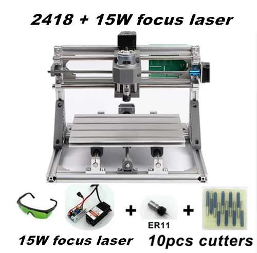 2418 15W focus laser CNC 2418 с ER11, diy мини лазерный гравировальный станок с ЧПУ, Pcb фрезерный станок, резьба по дереву маршрутизатор, cnc2418 гравировка мини DIY - Цвет: 2418 15W focus laser