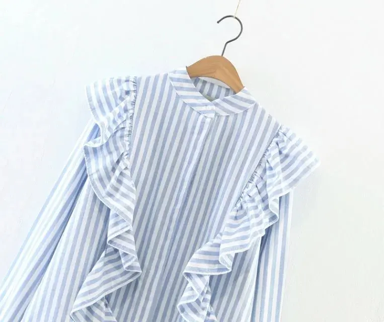 2018 Новинка боди Blusa женские Топы Женская рубашка в полоску с воланами воротник