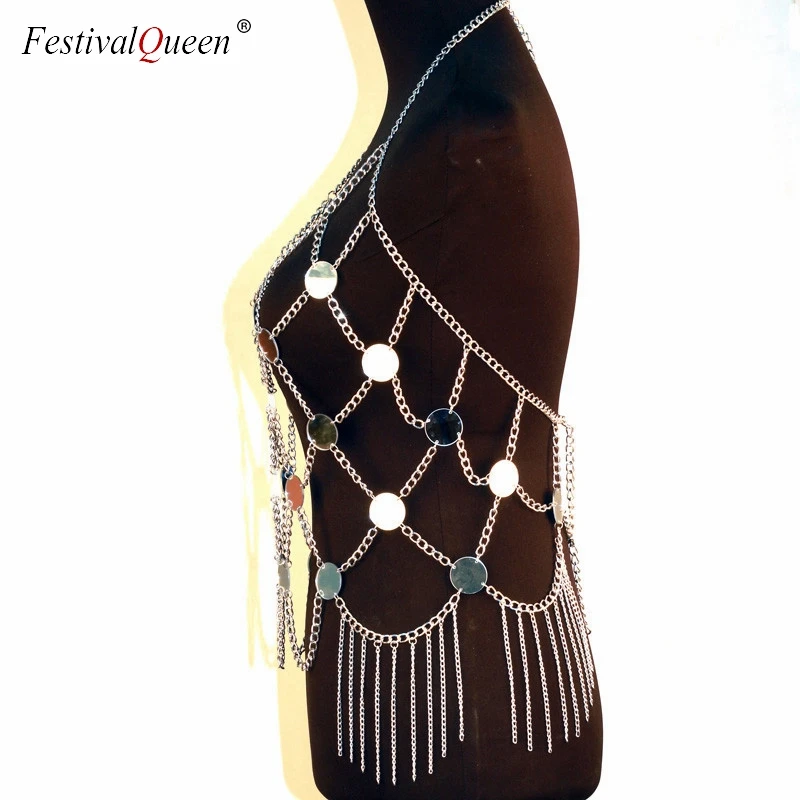 FestivalQueen crazy acrylic sequin сверкающая блестка топики женские металлические цепи Холтер спинки вечерние Клубные кроп Топы золото серебро