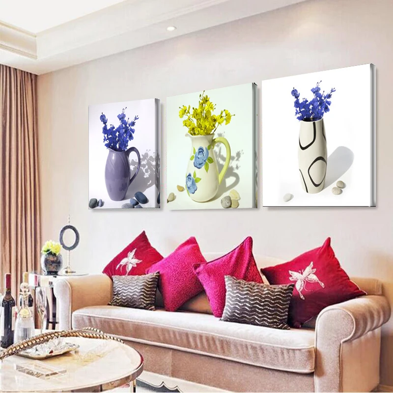 Three-picture Home Decor Creative Canvas Painting Combination Paintings Wall Pictures Living Room Wedding Blue vase flower | Дом и сад