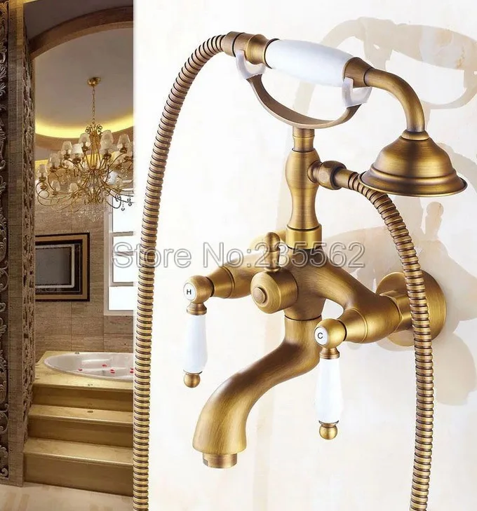 

Antique Brass Wall Mount Bathroom Clawfoot Bath Tub Faucet With Handheld Shower Head Cold Hot Mixer Tap ltf314