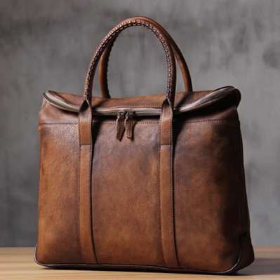 Vintage brown Large Брендовый роскошный мужской портфель из натуральной кожи, сумка для ноутбука, дизайнерская ручная работа, бизнес стиль, классический портфель высшего качества - Цвет: Vintage brown Large