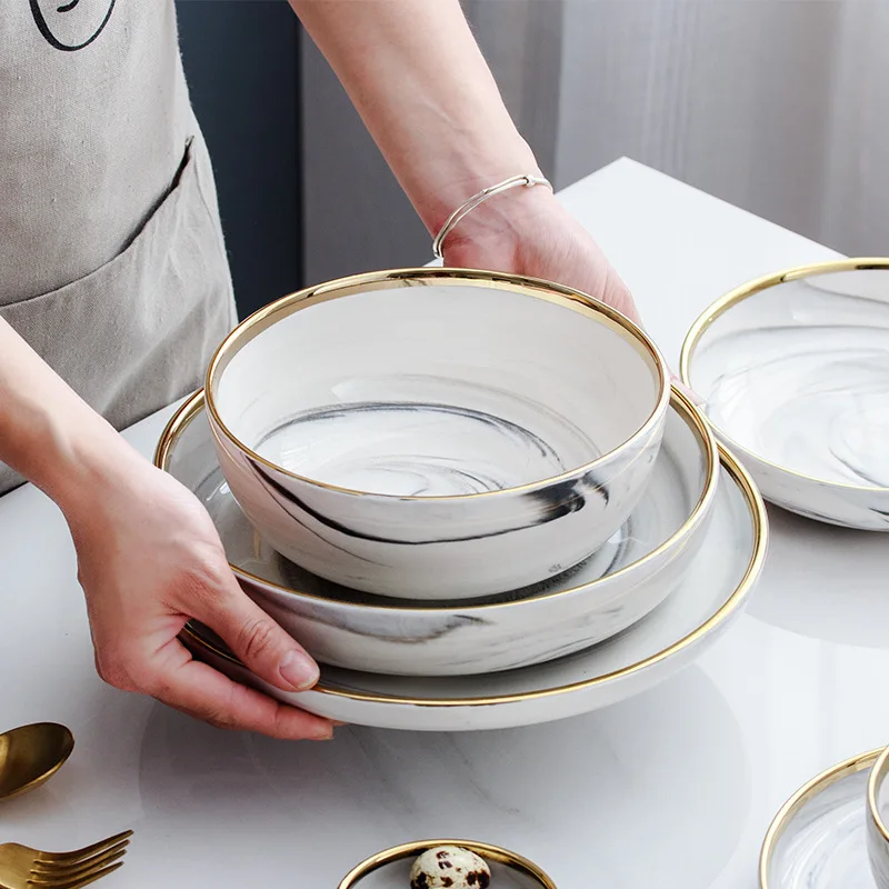 Europe Electroplating Marble Phnom Penh Ceramica Plate Western-style Snack Salad Disc Household Soup Bowl Tableware 1pcs