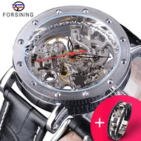 forsining watch bracelet set combination silver skeleton red hand black genuine leather automatic watches men transparent clock