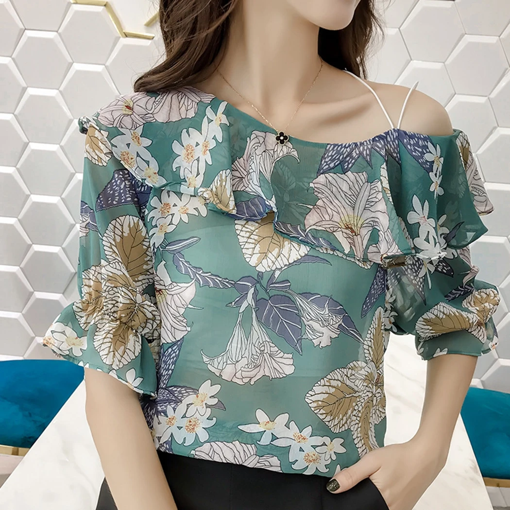 Женская блузка с открытыми плечами шифоновая цветочным принтом Повседневная