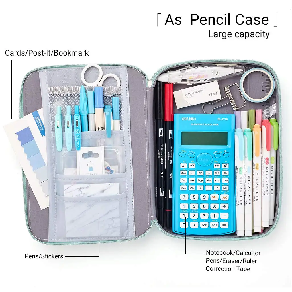 Big Capacity Pencil Pen Case Pouch Box Organizer Large Storage for Bullet Journal Light Blue