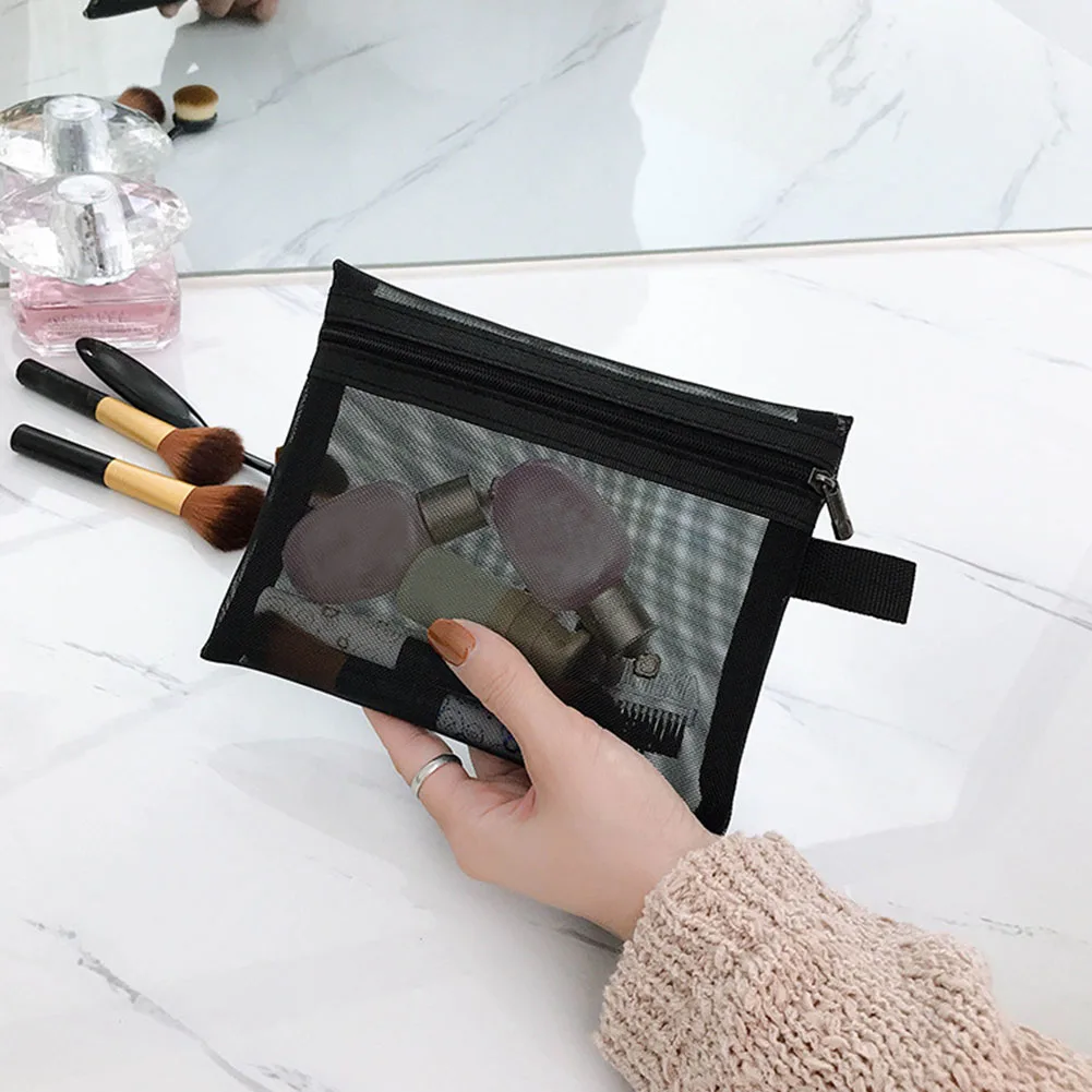 Multifunction Storage Fashion Women Toiletry Makeup Zipper Black Organizer Transparent Mesh Travel Wash Portable Cosmetic Bag