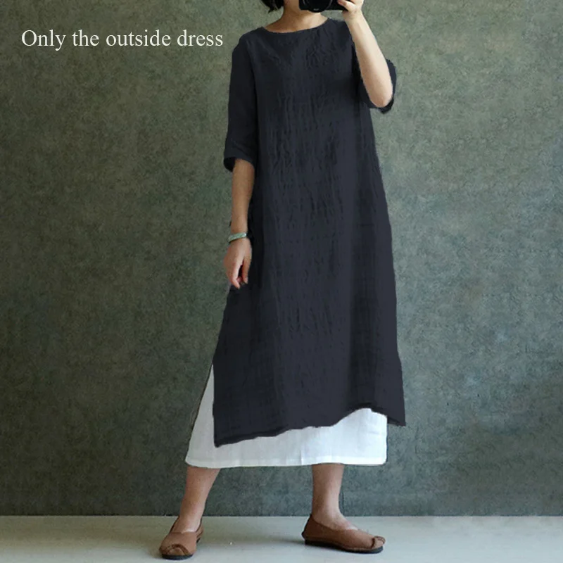 Navy Dress ZANZEA S 4XL 5XL женская блузка из хлопка и льна Топ летняя с длинным рукавом в клетку Винтажная с разрезом мешковатая Блуза женская рубашка большого размера - Цвет: Navy Dress