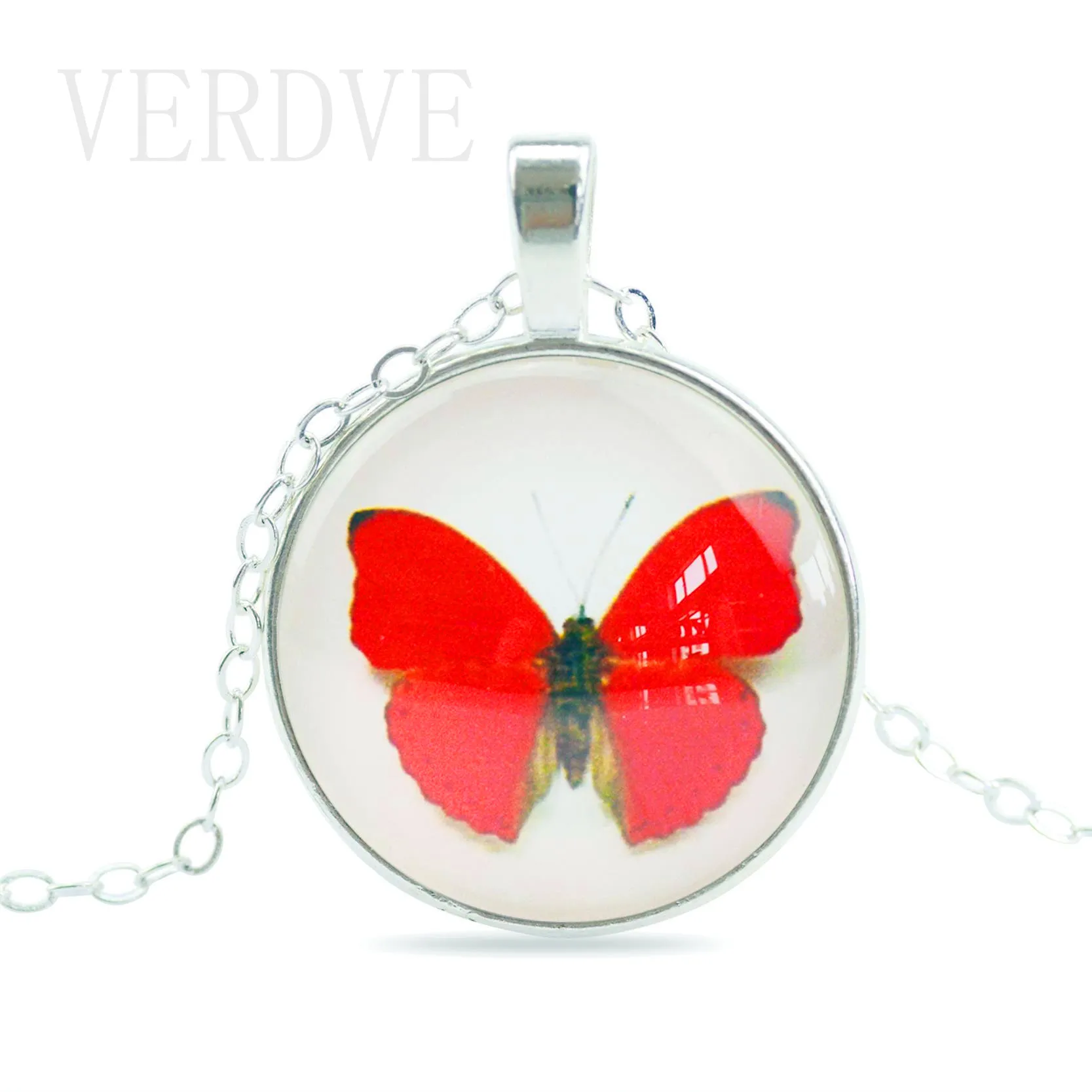 VERDVE Vintage Fine Jewelry Glass Cabochon Necklace&ampPendant Butterfly Statement Chain Necklace Silver Color Women | Украшения и