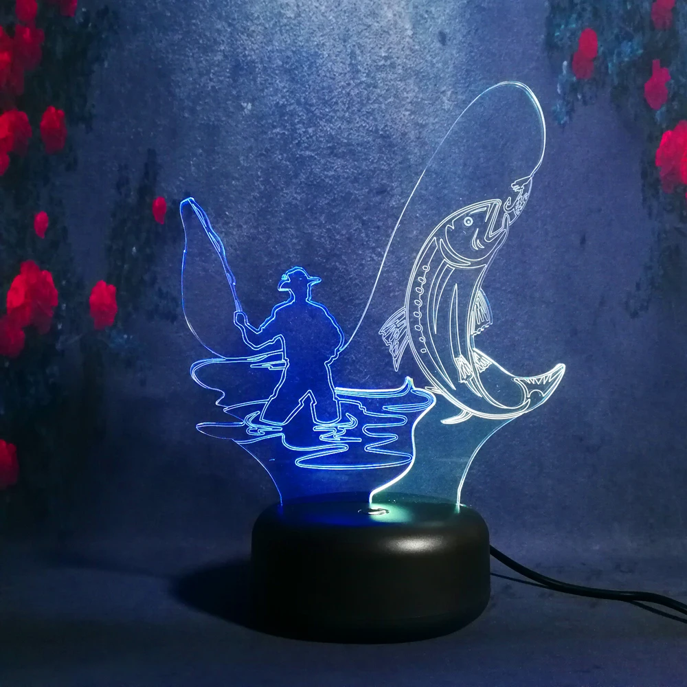 Крутой 3D ночник рыбацкая лодка для рыбалки разноцветные светодиодные огни