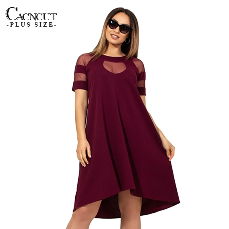 Бургундия CACNCUT 5XL 6XL, женское летнее Повседневное платье размера плюс, свободное сексуальное Сетчатое платье большого размера, элегантные вечерние платья, одежда - Цвет: Бургундия