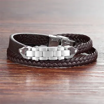 Toggle-clasps Combination Stainless Steel Genuine Leather Bracelet 5