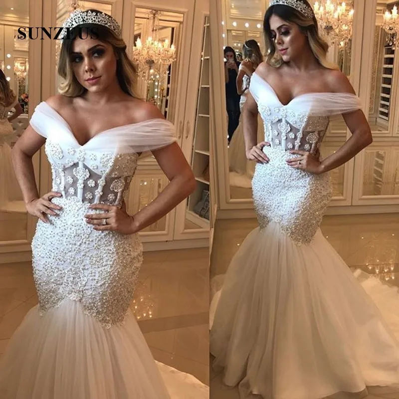 

Mermaid Off Shoulder Wedding Dresses 2019 Pearls Beaded Lace Mermaid Bridal Gowns Ivory Tulle Marriage Dress Long