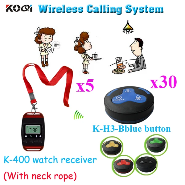 

Wireless Customer Calling System Waiter Call Waiter Wristwatches Call Service For Customer Order(5pcs watch & 30pcs call button)