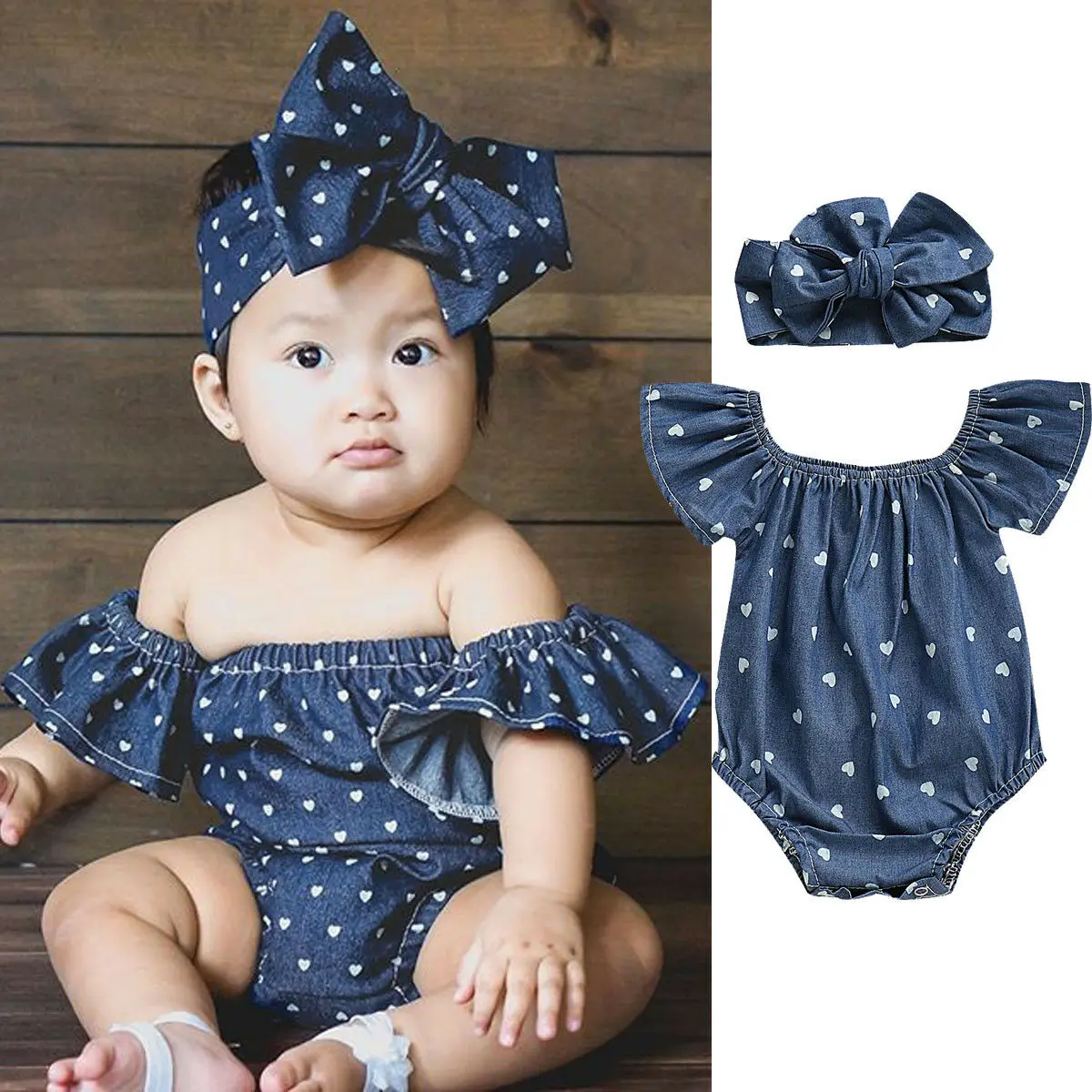 

Hot Newborn Kid Baby Bodysuit Girl Denim Blue Cotton Heart Pattern Print Bodysuit Headband 2Pcs Petal Sleeve Outfits Clothes Set