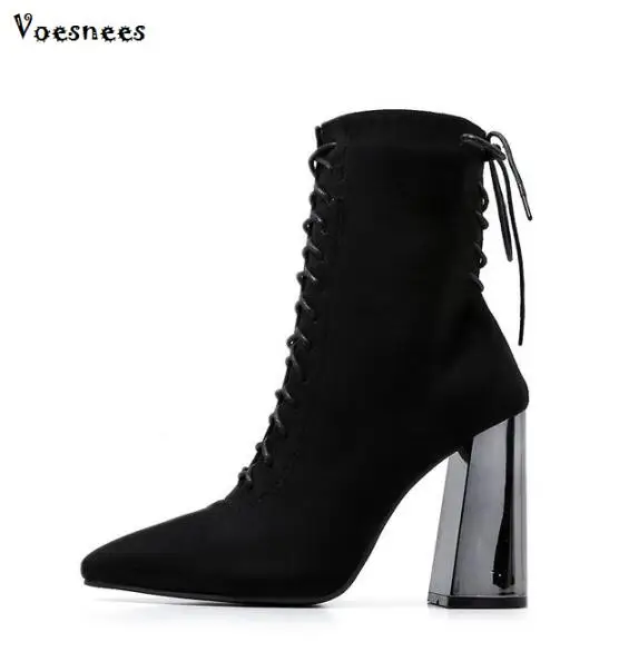 

Ankle Boots Women Europe Lace Up Surface Plating Pointed High Heel 10CM Winter Motorcycle Boots Pumps Party Shoes Silver Black