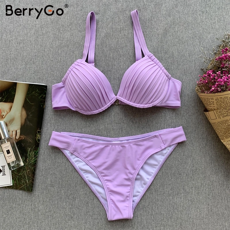 BerryGo, сексуальный, пуш-ап, из двух частей, женский бикини, набор, Одноцветный, комплект нижнего белья, летний, пляжный купальник, для отдыха, для женщин, купальники, купальный костюм