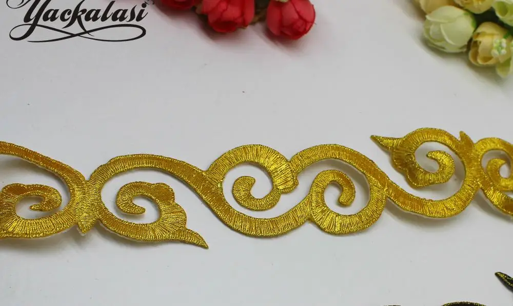Gold YACKALASI Золотой карнавальный костюм железная Вышивка Кружева отделка тесьма Металлическая Вышивка отделка Кружева 4 см ширина/6 ярдов длинный цельный - Цвет: Gold