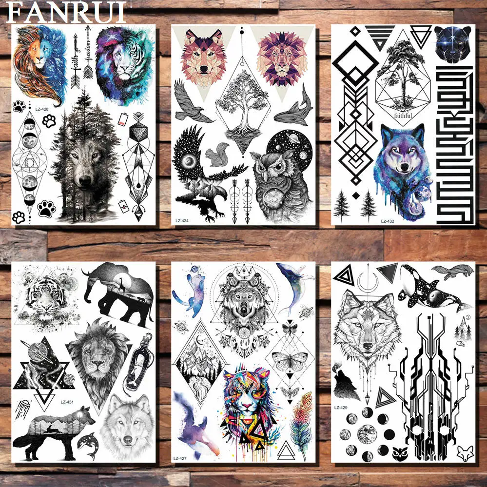 

FANRUI Geometric Owl Wolf Lion Triangle Temporary Tattoo Sticker Galaxy Feather Fake Tatoo Waterproof Body Art Arm Custom Tato