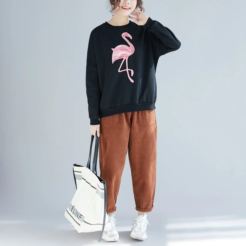 

Sweatshirt Autumn Long Sleeve Pullover Women Female Faux Fur Flamingo Black Round Neck Casual Sweatshirt