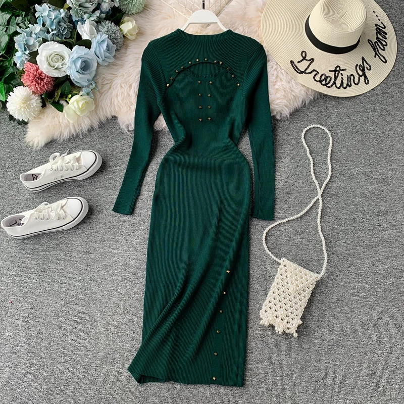 HISUMA Autumn and Winter new women's O-neck long sleeve rivet Hollow Knitted Bottom Dress female elegant sweater sheath dresses | Женская