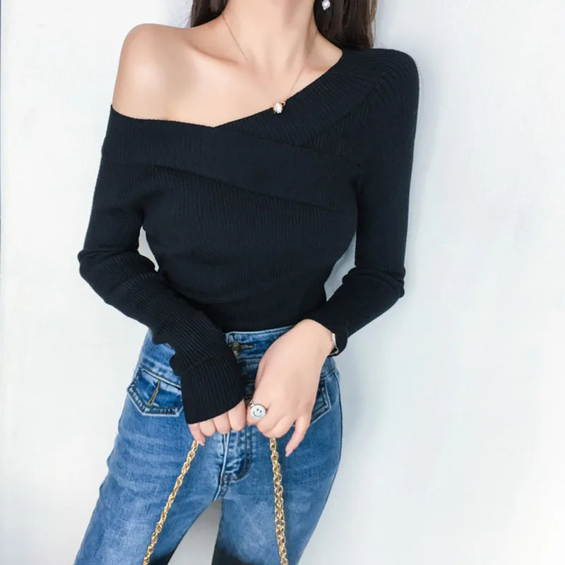 Autumn Winter Sweater Women Sexy V Neck Off Shoulder Long Sleeve Jumper Cashmere Solid Pullover Knitted 2018 | Женская одежда